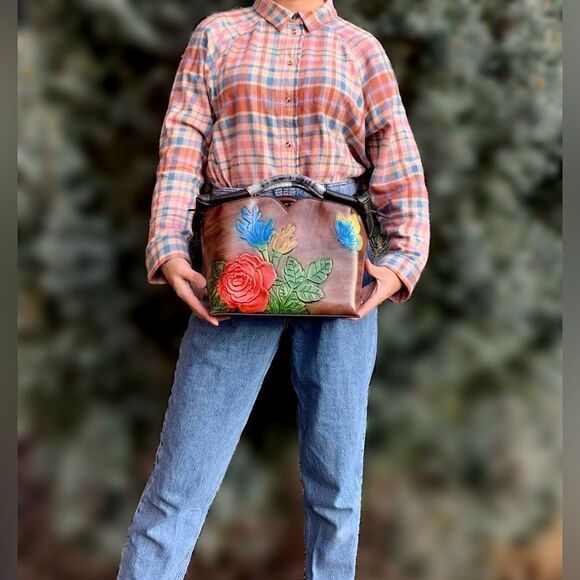 Genuine Distressed Leather Relief Floral & Butterfly Embossed Satchel/Crossbody - Picture 4 of 16